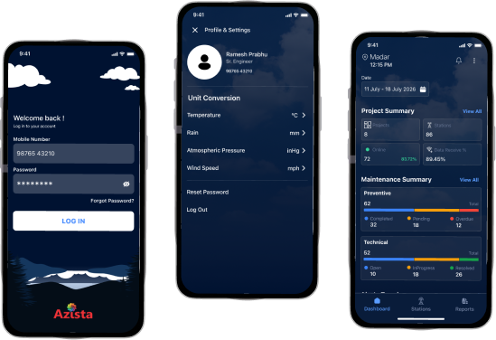 Azista mobile app screens for project and weather station monitoring